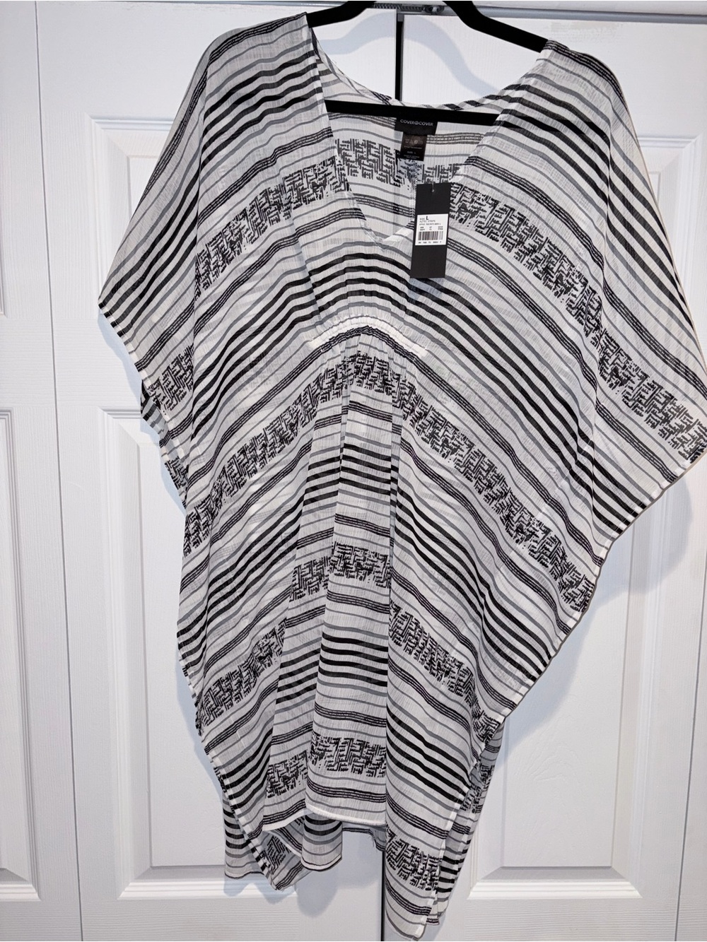 Black & White Striped V-Neck Swim Coverup - Lightweight Caftan